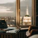 Hedge fund strategies on a laptop with city view.