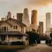 Houston real estate market: Suburban home with city skyline.